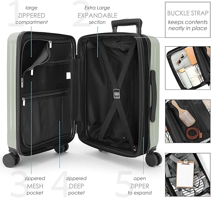 22 Inch Carry On Luggage 22x14x9 Airline Approved, Small Carry On Suitcase, Hard-shell Carry-on Luggage with Wheels, Durable Expandable Sage Green Luggage Carry-On with Cosmetic Case