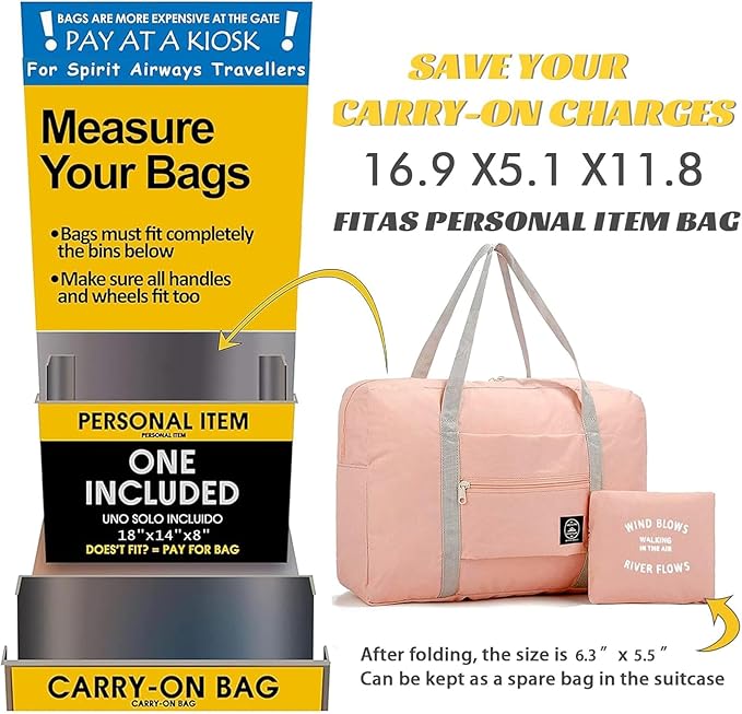 Foldable Travel Duffel Bag Tote Carry on Luggage Bag Spirit Airlines Personal item Sports Gym Bag Water Resistant Weekender Overnight Bags for Women and Men (Pink)