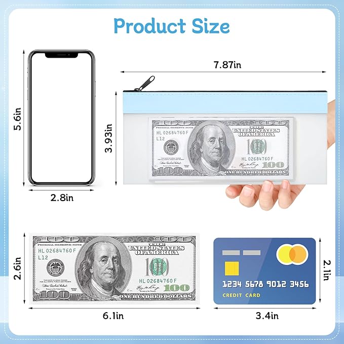 2 Pieces Money Bags with Zipper, Money Envelopes 7.8×3.9 Inch, 2 Colors Money Pouch Clear Bank Deposit Cash Bag for Multi-Purpose Check Wallet Collectors