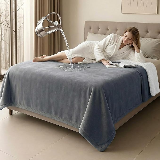 Tisancy King Size Waterproof Blanket for Bed Couch, 80'' x 80'' Double Side Leakproof Reversible Sherpa Flannel Fleece 3-Layer Lightweight Blanket, Absorbs 70oz(Gray/White), Machine Washable