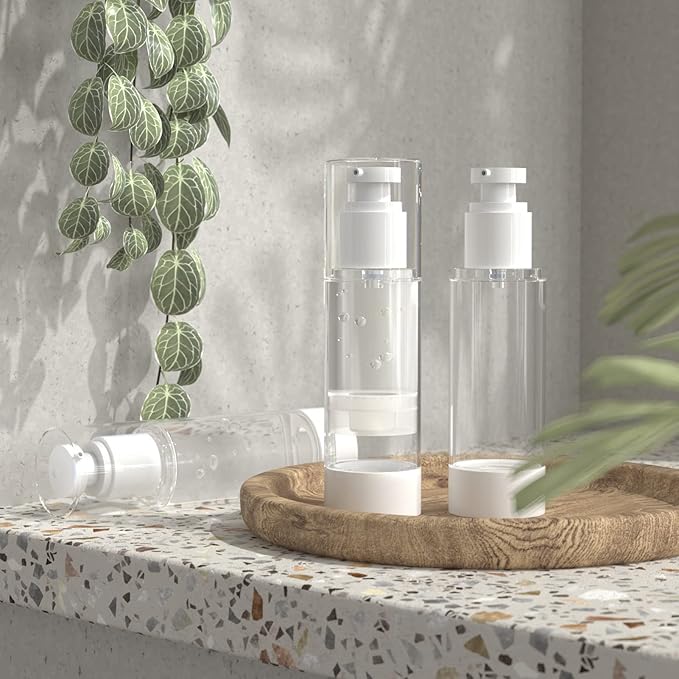 LONGWAY 2.7Oz 80ml Clear Airless Cosmetic Cream Pump Bottle Travel Size Dispenser Refillable Containers/Foundation Travel Pump Bottle for Shampoo (Pack of 6)