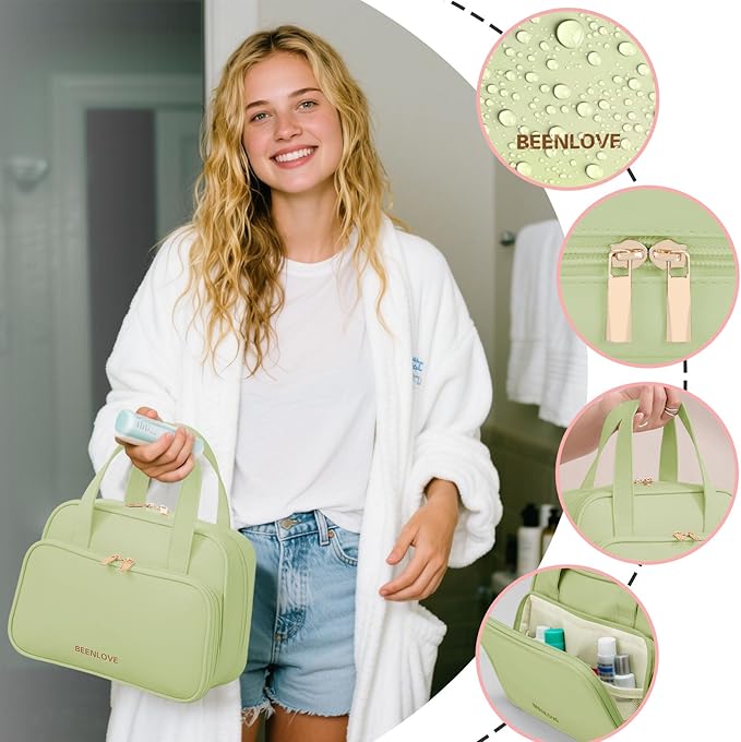 Travel Toiletry Bag, Water-resistant PU Leather Makeup Bag with Multiple Compartments, Large Capacity Makeup Organizer Bag with Handle for Accessories, Essentials, Toiletries, Green