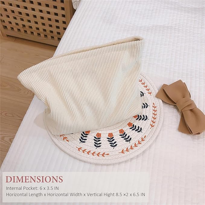 HAPPYHEIDI Large Corduroy Makeup Bag with Compartment Cosmetic Toiletry Travel Pouch Office Car Accessory Organizer, Soft Creamy White