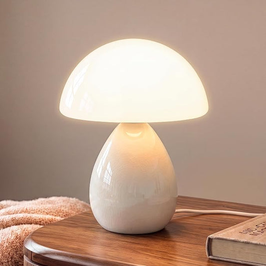 Mushroom Lamp Table Lamp for Bedroom,Ice Crackle Desk Lamp Bedside Small Lamps for Living Room Night Stands,Table Lamps Cute Modern Mid Century Lamps(Cream-Ice Crackle)