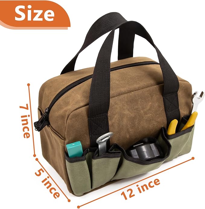 Small Tool Bag, Canvas Tool Storage Bag, Large Capacity Multipurpose Zipper Soft Tote Organizer Pouch for Electrician, Plumbing, Gardening,Tools Bags for Men (Brown, 12 Inch)