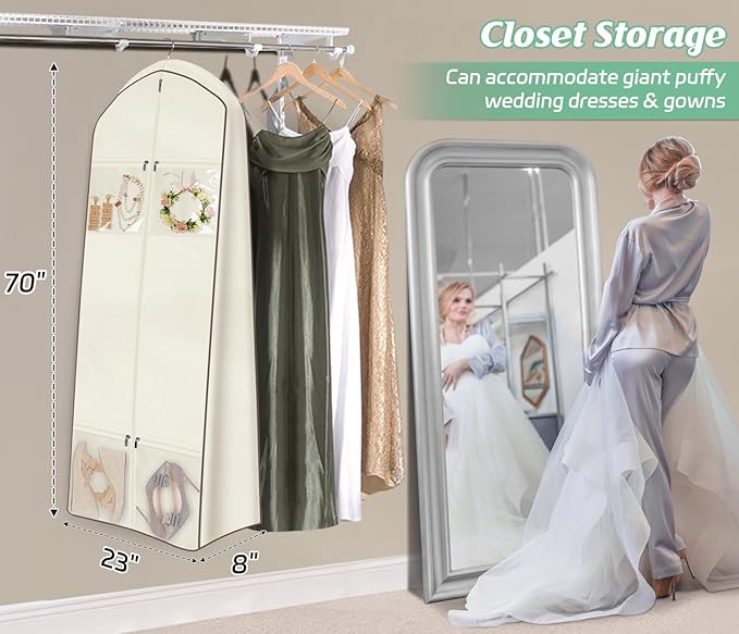 MISSLO Portable Wedding Dress Garment Bag with Bride Tote Bag 8'' Gusseted Dress Bags for Gowns Long 4 Pockets Dress Cover for Women (Beige, 65 inch)