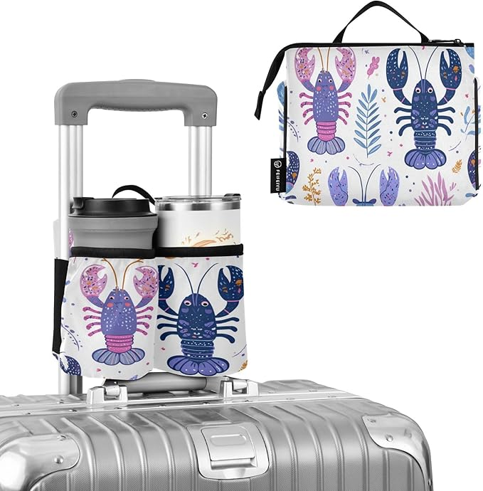 Blue Lobster and Seaweeds Luggage Cup Holder Travel Portable Free Hand Drink Carrier Suitcase Drinks Beverage Holder Carry-On Bottle Mug Holder Organizer Bag Travelers Accessories