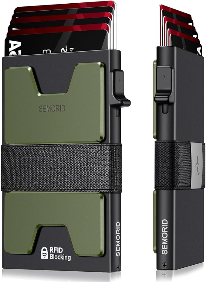 SEMORID Slim Wallet for Men, RFID Blocking Mens Wallets, Minimalist Pop Up Men's Credit Card Holder, Sturdy Metal Card Case with Cash Strap - 12+ Cards Capacity