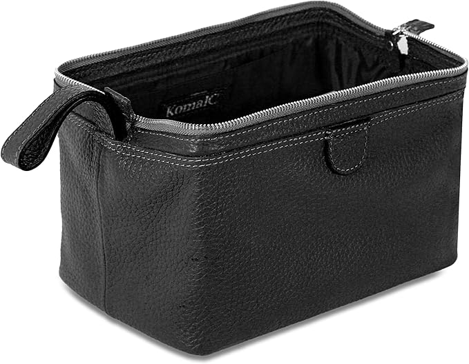 KomalC Premium Buffalo Leather Toiletry Bag for Men & Women With Water resistant Lining, Grooming Travel Pouch, Unisex Wash Bag for Toiletries, Gifts for Men and Women