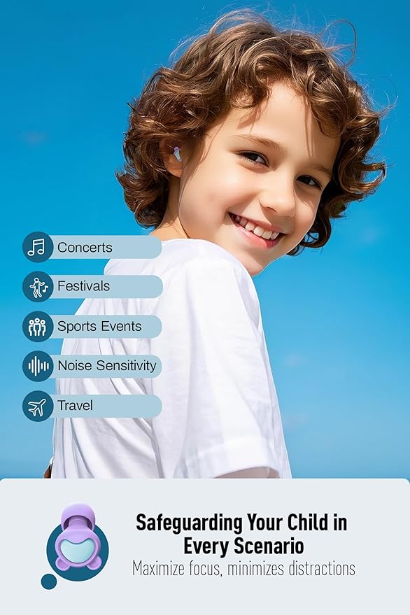 Kids Ear Plugs (6-12 Years) with Cord, Kids Ear Protection Reusable Noise Relief Earplugs for Focus, Travel, Concert, Socializing, Events, Sleep, Anxiety, Home, School, Playtime -26dB Noise Reduction