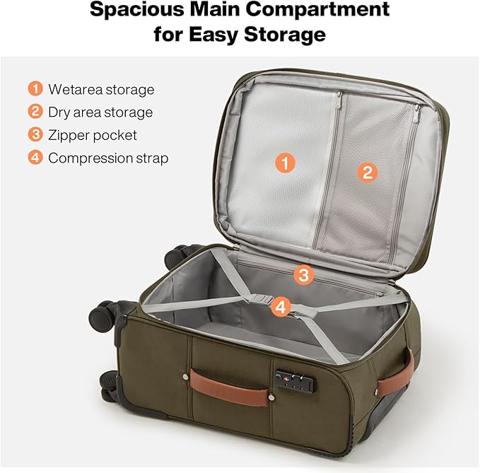 mixi Carry On Luggage 20 Inch Softside Expandable Suitcase with Front Pocket, 22x14x9 Airline Approved Rolling Lightweight Travel Suitcases with Wheels & TSA (Tea Brown-Off White)