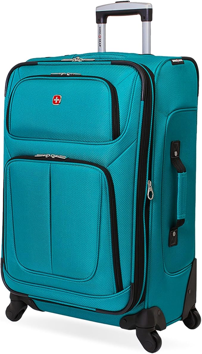SWISSGEAR Sion Softside Expandable Spinner Luggage Durable Lightweight Travel Suitcase, Teal, Checked-Medium 25-Inch