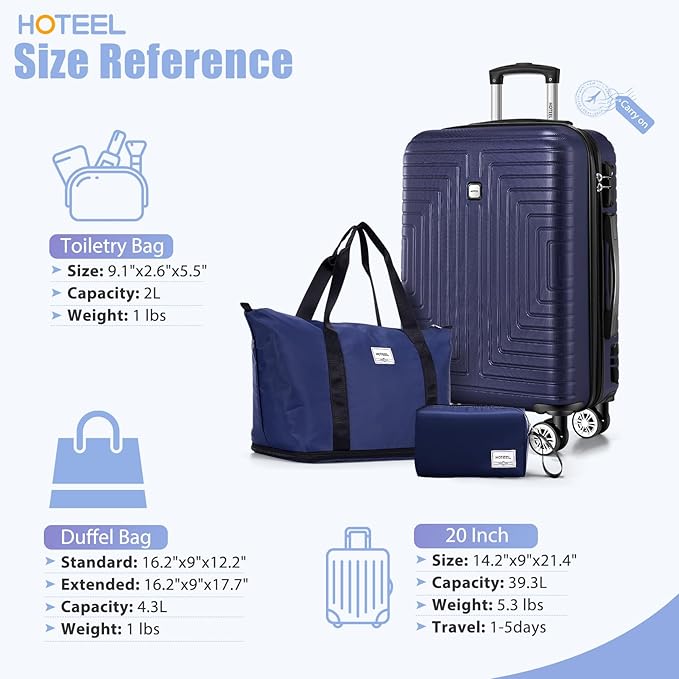 Hoteel Luggage Sets 3 Piece ABS+PC Hardside, 4-Year Warranty, Luggage Set with Dual-Spinner Wheels, TSA Lock, Lightweight Carry on Luggage, 20" Suitcase with Duffel & Organizer, Dark Blue