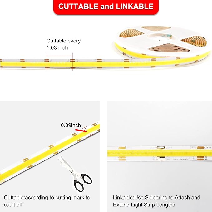 CCT COB LED Strip Lights, 32.8ft Dimmable 2700K-6500K 24V Tunable White LED Light Strip Kit, High Density CRI 90+ LED Strips with Remote Controller and Power Supply, for Bedroom Kitchen Home Lighting