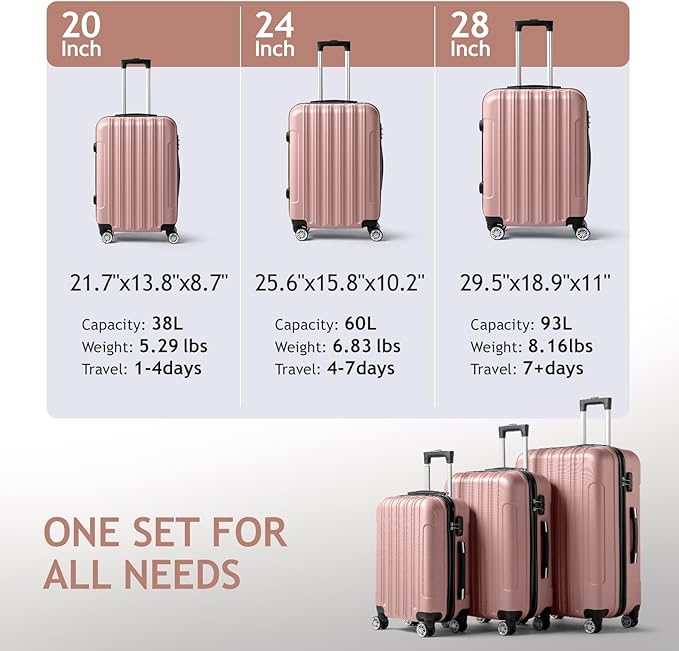 Karl home Luggage Sets 3 Piece, Hardside Carry on Suitcase Sets with Spinner Wheels & TSA lock, Portable Lightweight ABS Luggages for Travel, Business - Light Pink, 20/24/28in