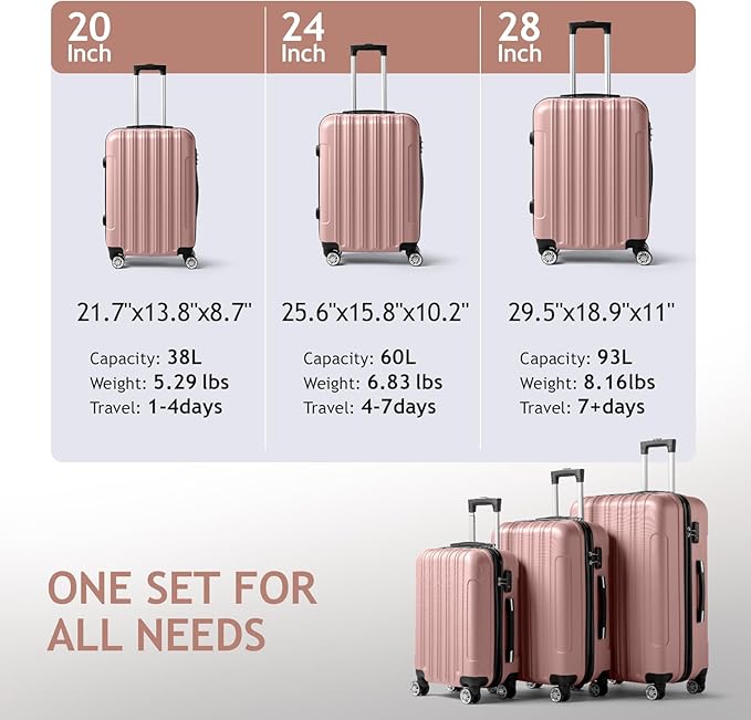Karl home Luggage Set of 3 Hardside Carry on Suitcase Sets with Spinner Wheels & TSA lock, Portable Lightweight ABS Luggages for Travel, Business - Rose Gold (20/24/28)