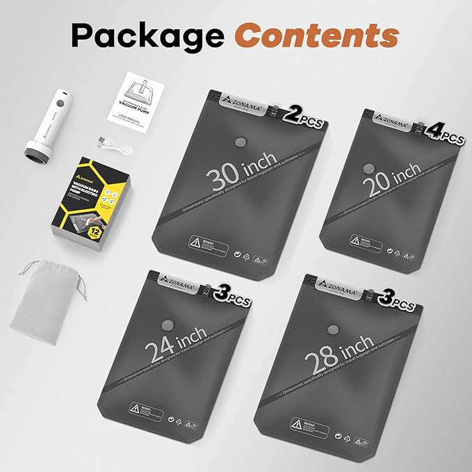 Vacuum Storage Bags for Travel with Wireless Rechargeable Air Pump, 12 Pack Travel Essentials Space Saver Compression Bag for Luggage, Suitcase, Backpack, Vacuum Seal Bags for Home Storage Clothing