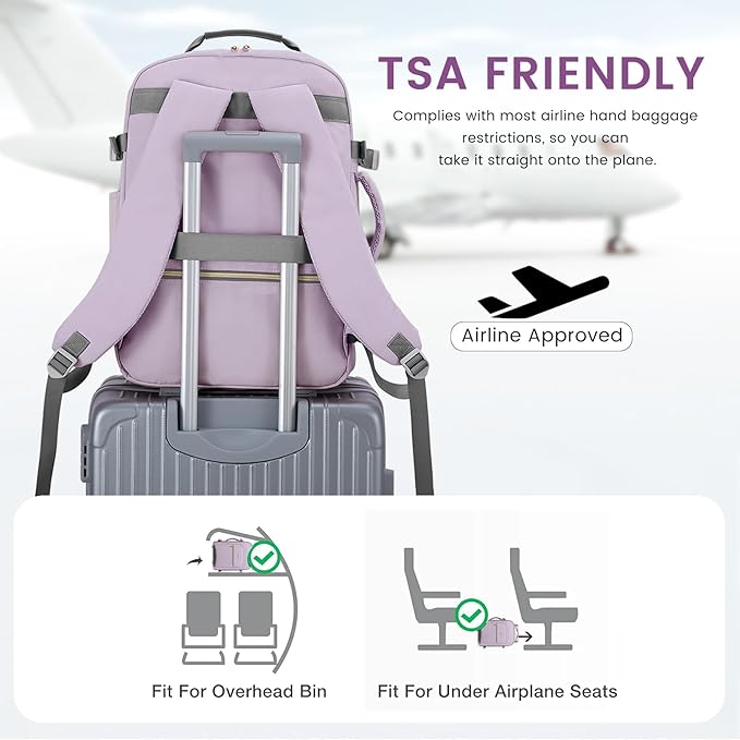LOVEVOOK 40L Large Travel Backpack for Women Men, 17 Inch Carry on Backpack for Traveling on Airplane, Personal Item Travel Bag Airline Approved, Business Causal Weekender Backpack, Light Purple-Grey