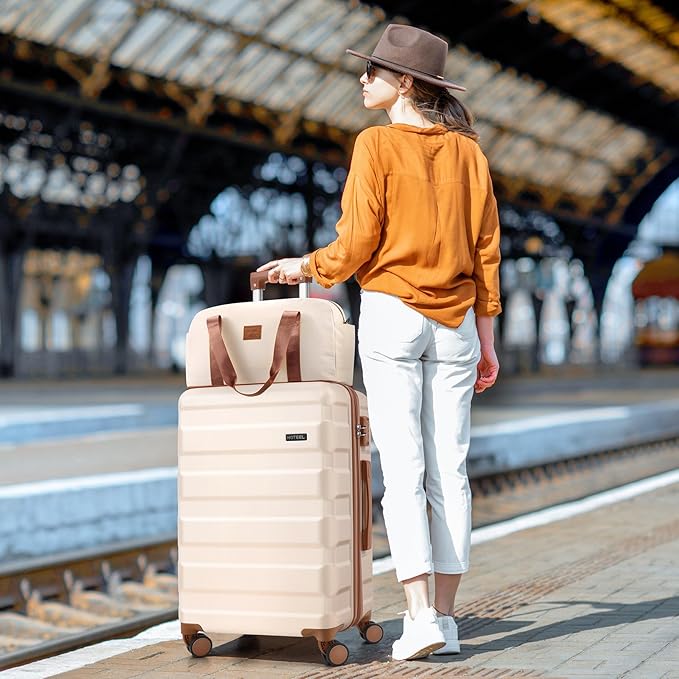 Hoteel Luggage Sets 3 Piece, 4-Year Warranty, Carry-On Luggage with Dual-Spinner Wheels, ABS Hard Shell Suitcase with TSA Locks, 20 Inch Lightweight Luggages for Travel, Beige(20IN/DB/TB)
