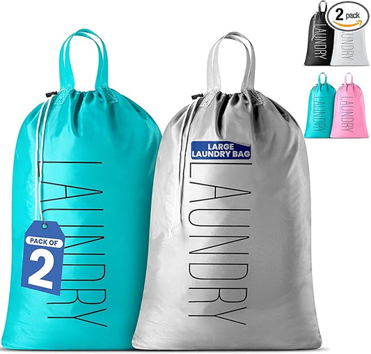 Handy Laundry Extra Large Travel Laundry Bags 2-Pack – 24 x 36 Inches Heavy Duty Water-Resistant Dirty Clothes Bags for Travel, Camping, Dorm, Family – Sturdy Drawstring Closure, Teal-Grey Print