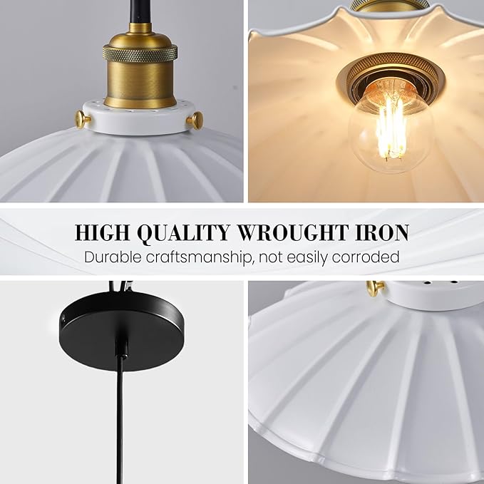 White Pendant Lights, Modern Hanging Lamp with 9.8 Inch Industrial Shade for Kitchen Island, Farmhouse Pendant Lights Kitchen Island 6.5Ft Adjustable Cord Pendant Light Fixtures