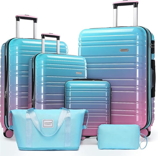LARVENDER Luggage Sets 6 Piece, Expandable PC+ABS Hardside Multicolor Suitcase Sets with TSA Lock Double Spinner Wheels, Cotton Candy