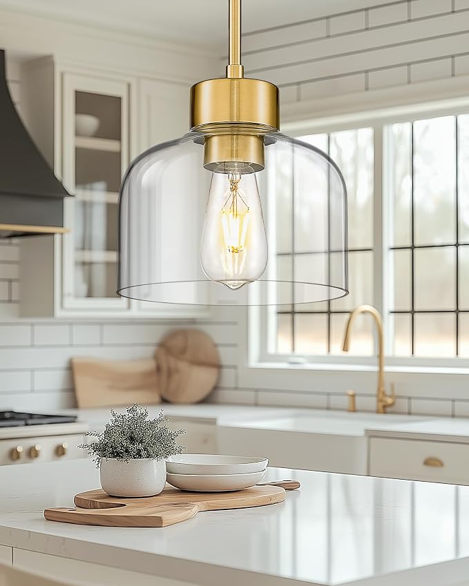 Gold Pendant Lights Kitchen Island, 8" Hanging Light Fixtures with Clear Glass Shade, Modern Brass Kitchen Pendant Lighting Over Island for Dining Room, AD-24024-1PL-GD