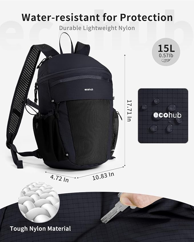 ECOHUB 15L Lightweight Casual Daypack, Packable Backpack for Daily Use, Hiking & Travel, Foldable Small Backpack with Stretch Mesh Pockets, Water-Resistant Nylon, Reflective Design