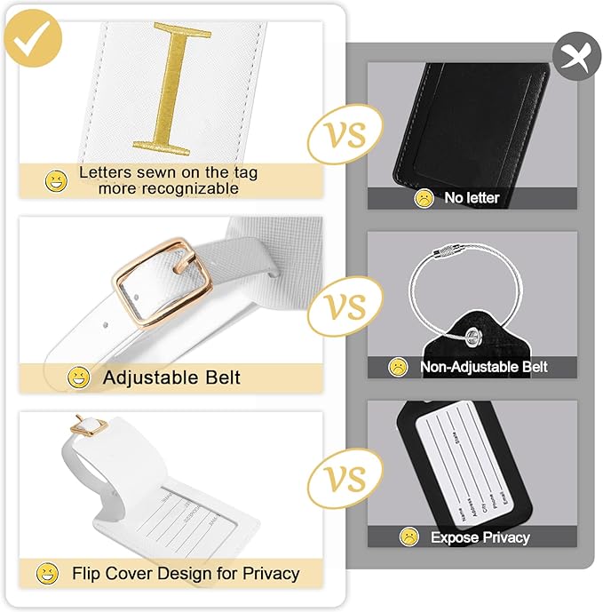 Initial Letter Luggage Tags for Suitcases, Embroidered Monogrammed Suitcase Luggage Identifier Name Tag, PU Leather TSA Approved Luggage Tags, Bag Tags for Men Women Kids Luggage Handbags(White I)