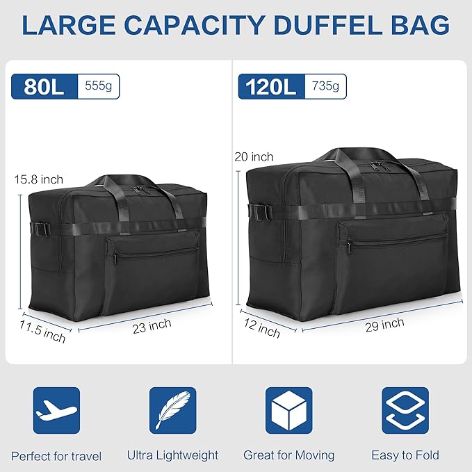 Hafmall 80L Foldable Duffel Bag for Travel, Waterproof Weekend Overnight Bag, Large Collapsible Storage Bag for Moving, Camping (Black)