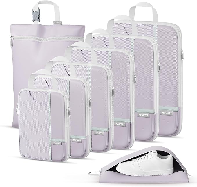 Percover Compression Packing Cubes 8-Piece Set, Packing Cubes Compression for Travel with Laundry Bag & Shoe Bag, Travel Organizer for Carry On & Checked Luggage, Purple