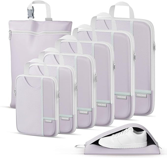 Percover Compression Packing Cubes 8-Piece Set, Packing Cubes Compression for Travel with Laundry Bag & Shoe Bag, Travel Organizer for Carry On & Checked Luggage, Purple