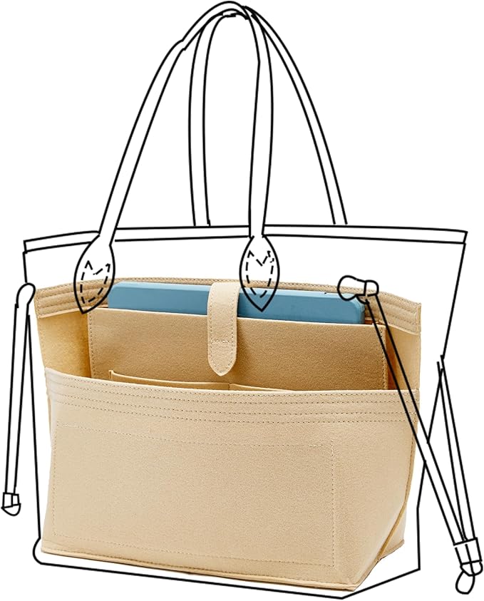 Doxo Purse Organizer Insert for Handbags, Tote Bag Insert Organizers with Laptop Compartment/Cup Holder, Softened Felt Compatible with LV Neverfull MM(Beige,Upgrade)