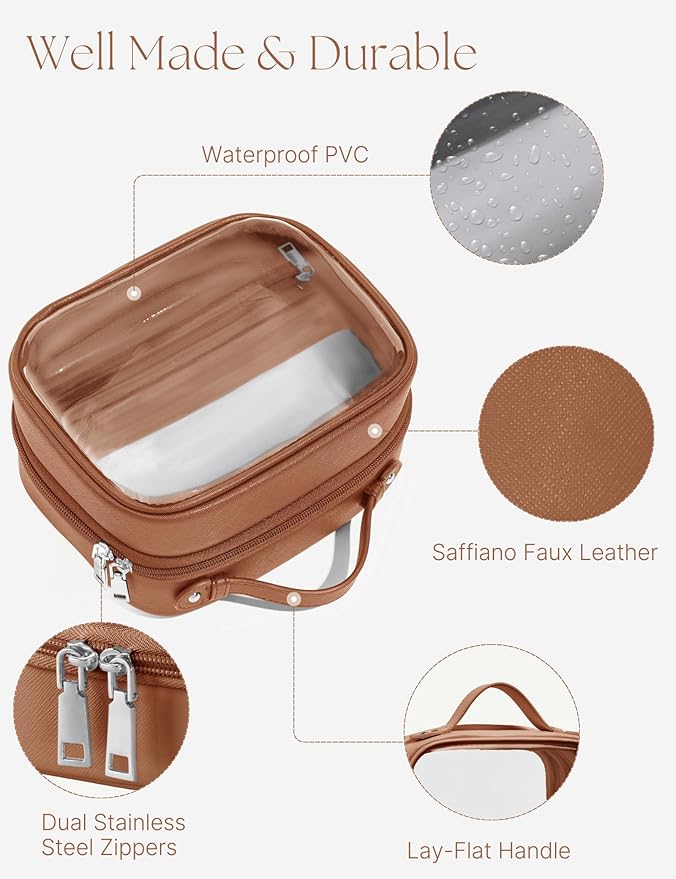 Clear Cosmetic Bag Double Layer Travel Toiletry Bag Clear Makeup Bag Case with 4 Compartments, Transparent Travel Bag for Toiletries, Large Toiletry Bag for Women Cosmetic Case (Brown, Small)