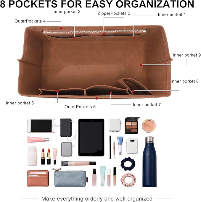 Doxo Felt Purse Organizer Insert for Longchamp Le Pliage L Travel Bag, Longchamp Orgainzer Insert Large with 9 Compartments and Zipper Water Bottle Holder, Fits Long Champ Large Bag (LT, Gold Brown)