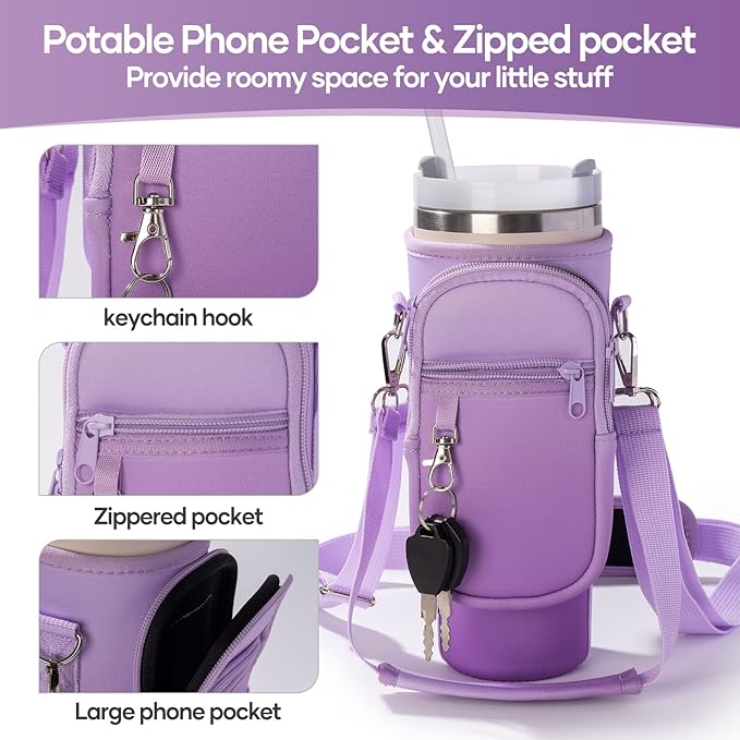 linmaya Water Bottle Carrier Bag for Stanley Cup 40/30oz with Phone Holder Pockets,Neoprene Water Bottle Cross-body Bag with Adjustable Shoulder & Hand Strap Stanley Cup Accessories