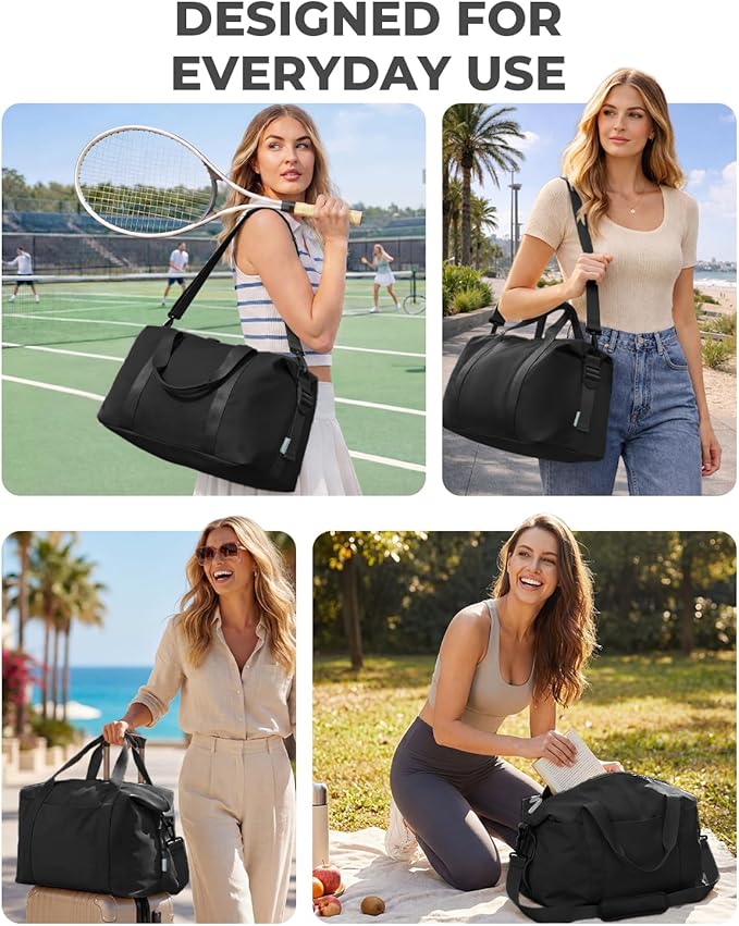 Percover Weekender Travel Duffel Bag for Women, Lightweight Soft-Structure 33L Carry-On, Water-Resistant Nylon with Shoulder Strap & Trolley Sleeve, Personal Item Friendly, Midnight Black