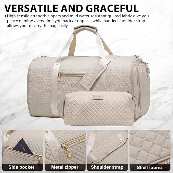 Coolife Garment Bag Carry On Convertible Travel Duffel Bag with Shoe Pouch Weekender Bag for Women Men 2 in 1 Hanging Suit Bag with Shoulder Strap Business Travel Bag (White, Standard)