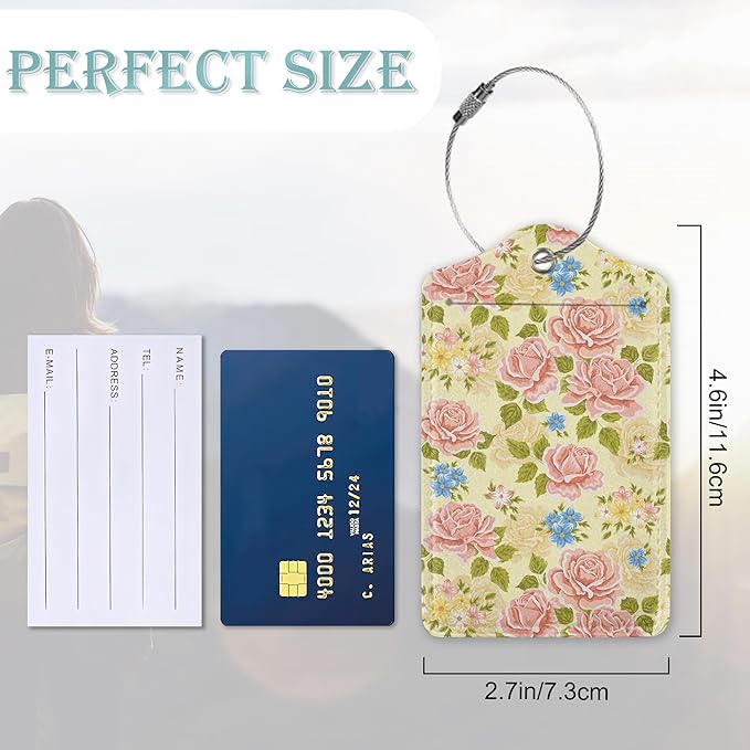 Pink Rose Luggage Tag,Flowers Retro Luggage Tags of Set 2 Leather Identifiers Privacy Cover with Stainless Steel Loop for Women Men Travel Bag Suitcase