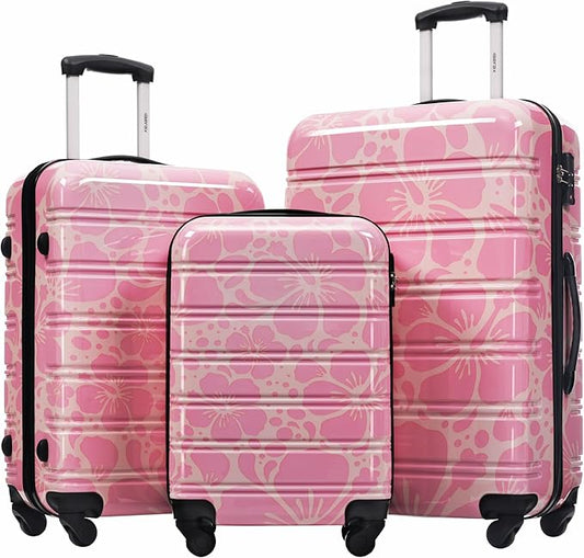 Merax Luggage Sets 3 Piece, Hardside Suitcase Set with Spinner Wheels, Lightweight Printing Luggage Carry on,20+24+28 IN,Pink