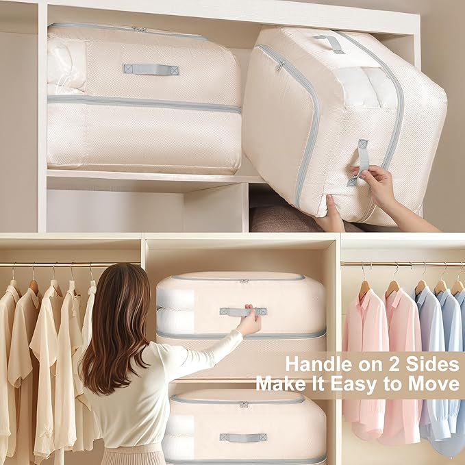 Comforter Storage Bag - 110L Large Capacity Blanket Storage Bags 2-Layer Ultra Space Saving Self Compression Organizer, Washable Compression Bags for Storage Comforter Blanket, 4-Pack, Beige