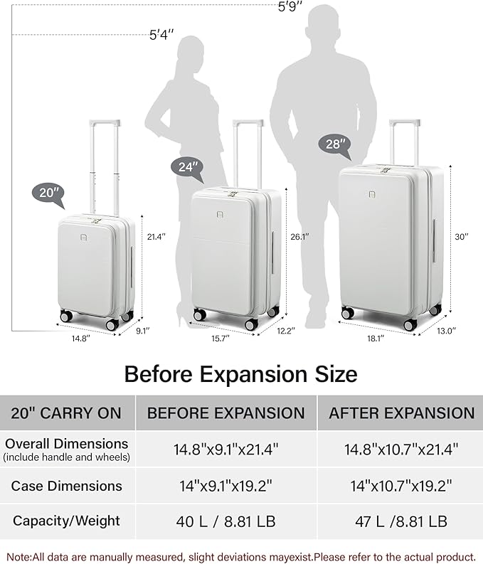 Hanke 20 Inch Expandable Carry On Luggage with Cup Holder 22x14x9 Airline Approved, Top Opening Hard Shell Suitcases with Wheels, Carry-On Travel Suitcase Trunk Luggage with Lock, Smoke White
