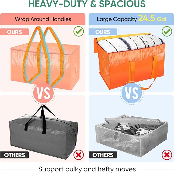 BALEINE 4-Pack Oversized Moving Bags with Reinforced Handles, Heavy-Duty Storage Tote for Clothes, Moving Supplies (Orangel, 4-Pack)
