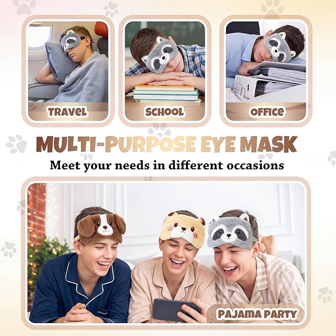 Geyoga Sleep Mask for Kids, Girls Plush Sleeping Eye Cover Soft Eye Blindfold Cover Animal Shade for Kids(Colorful,Dog, Hamster, Raccoon Style)