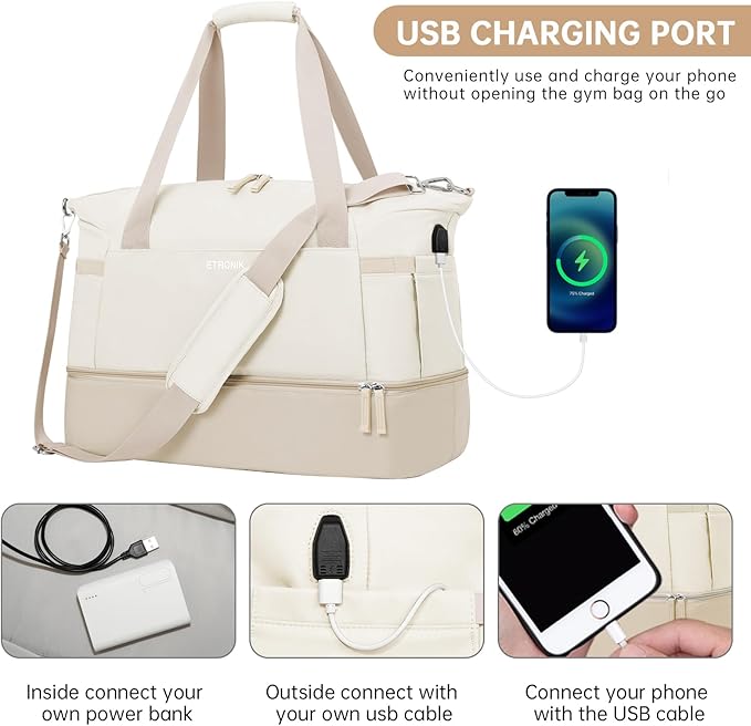 Gym Bag for Women, Sports Travel Duffel Bag with USB Charging Port, Weekender Overnight Bag with Wet Pocket and Shoes Compartment for Women, Travel, Gym, Yoga (Khaki) Medium