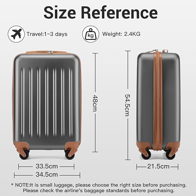 Kono 20-Inch Small Hardside Carry-on Suitcase with Spinner Wheels, Lightweight ABS+PC Rolling Cabin Suitcase for Airplane Travel (Grey Brown, for 1-3 Days of Travel)