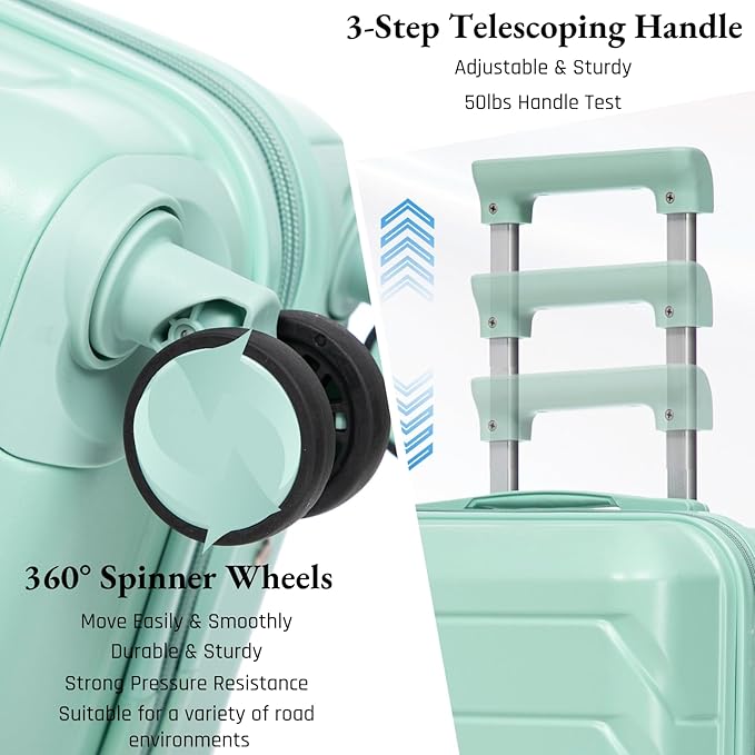 2-Piece ABS Hard Shell Lightweight Carry-On Luggage Set (14" & 20"), 360-Degree Spinner Wheels, Adjustable Telescopic Handle and Combination Lock for Travel, Mint Green