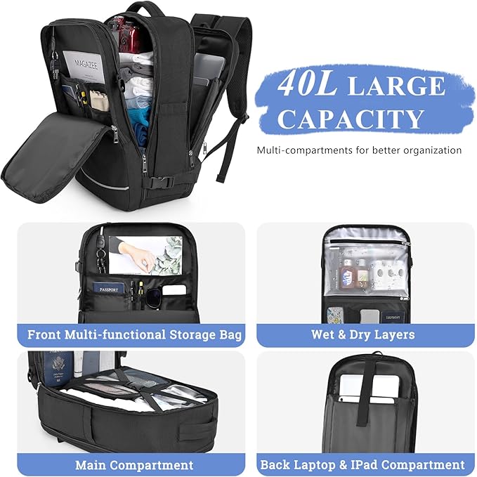 Personal Item Backpack, 40L Large Travel Backpack for Women Men, Waterproof Carry on Backpack for College, Business, Work