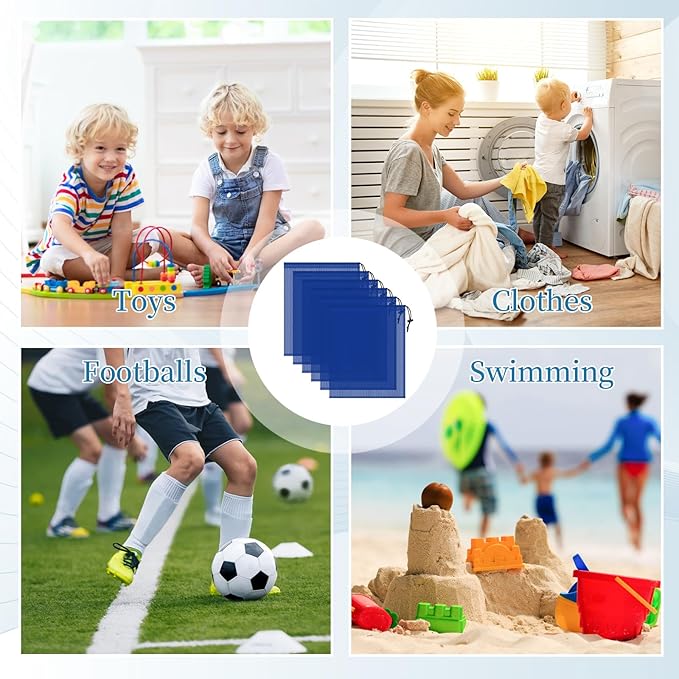 6 Pcs Mesh Bags Drawstring, 14x17 Inch with Lock, Multipurpose Storage Bags for Gym, Balls, Beach, Laundry (Blue)