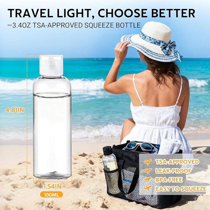 5 Pack 3.4 oz Travel Bottles for Toiletries, TSA Approved Leak Proof Refillable Travel Size Containers, Clear Plastic Shampoo Bottles for Lotion Conditioner